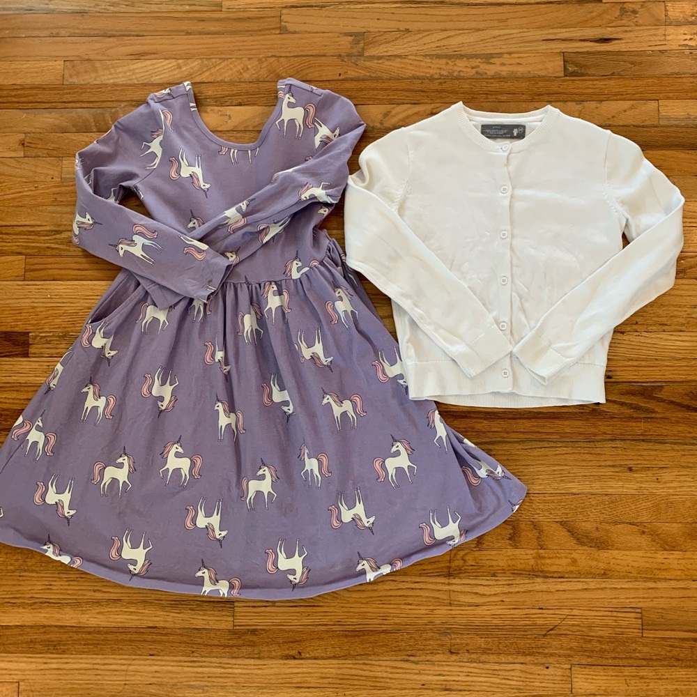 Quince Purple Unicorn Dress with Primary White Cardigan Size M(7-8)